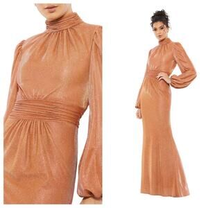 NWT IEENA for MAC DUGGAL 11248 Rust Draped Glitter High Neck Puff Sleeve Gown